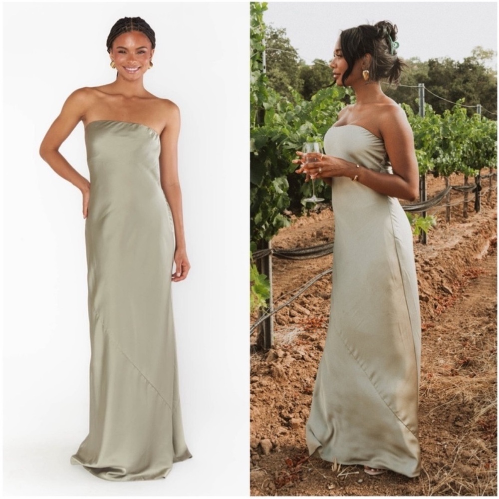 Show Me Your MuMu Strapless Satin Maxi Dress in Sage